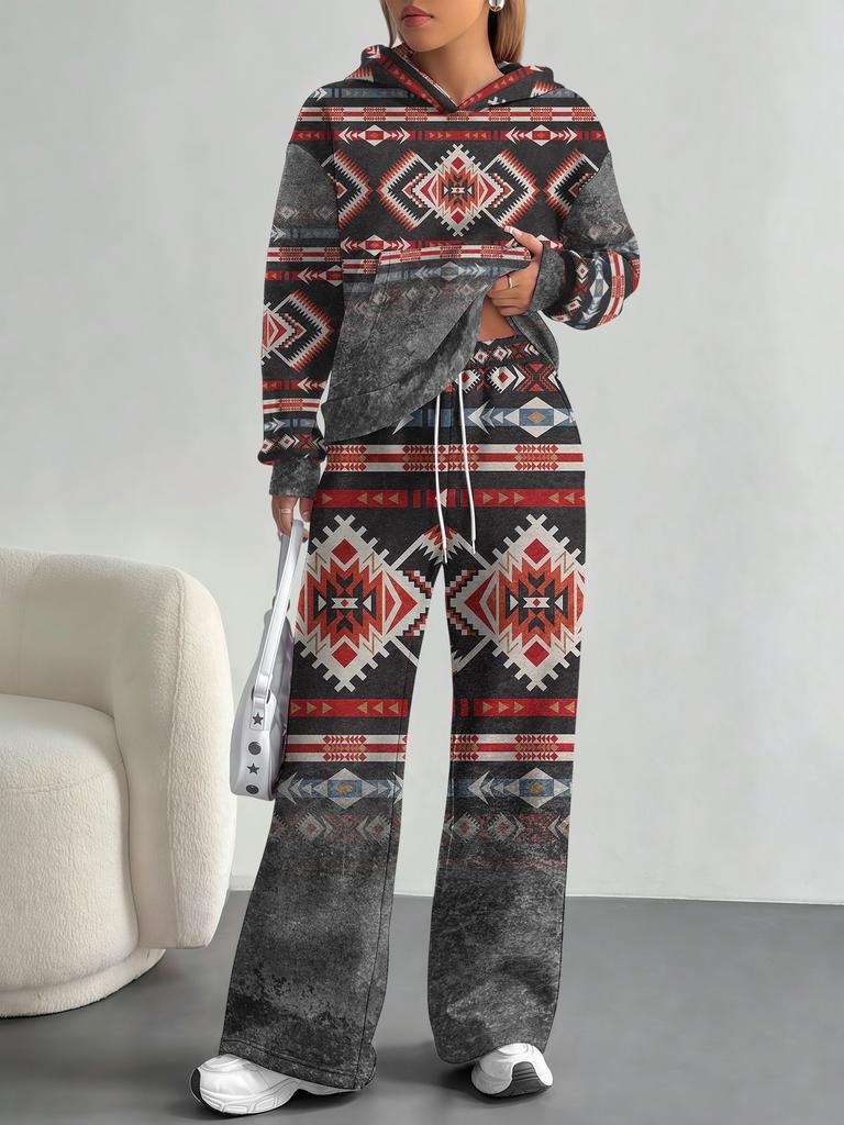 European And American Autumn And Winter Casual Long-Sleeved Retro Pattern Set Women'S Hooded Sweater Trousers Two-Piece Set