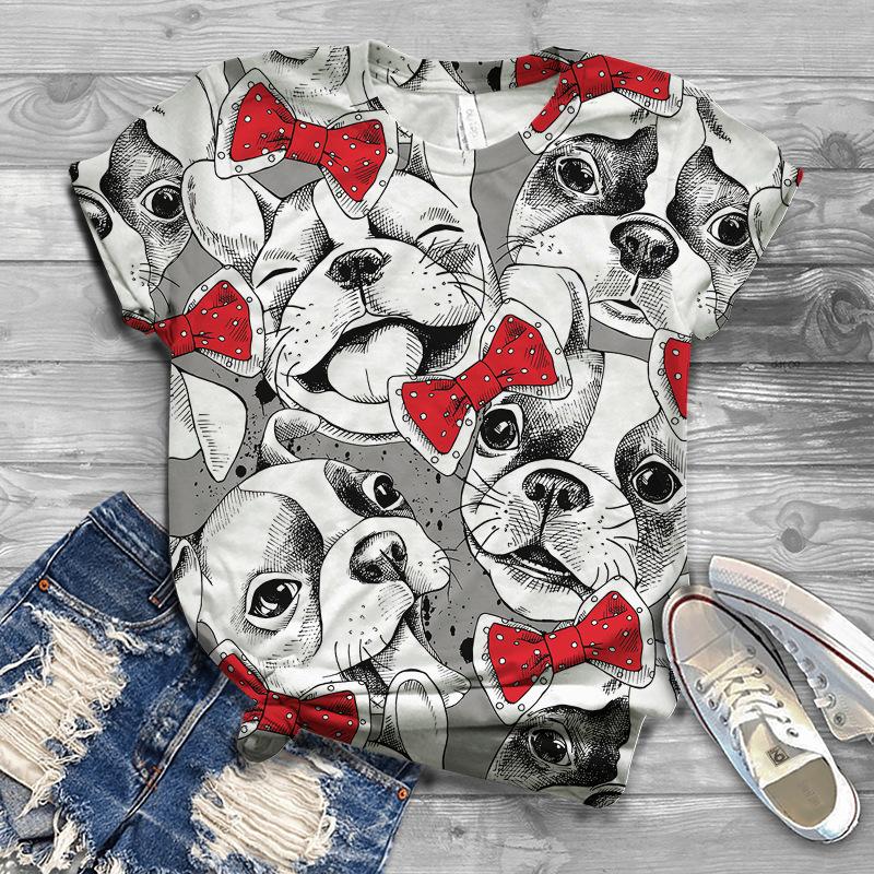Summer New Printed Short Sleeve Top for Women, Round Neck 3D Dog Printed Women's T-shirt