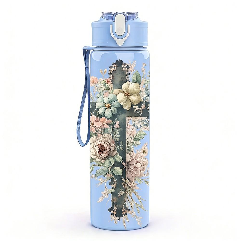 1PC Floral Cross Religious Faith Art Print 750ml Color Plastic Sports Water Bottle Leakproof Flip Straw Lid Suitable for Sports Office Home Use