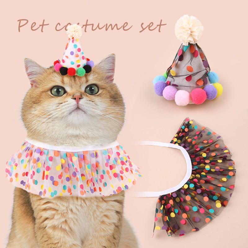 Pet Birthday Party Outfit Set - Polka Dot Bib Collar Hat Cats Dogs Cute Mesh Costume Accessory Photoshoot