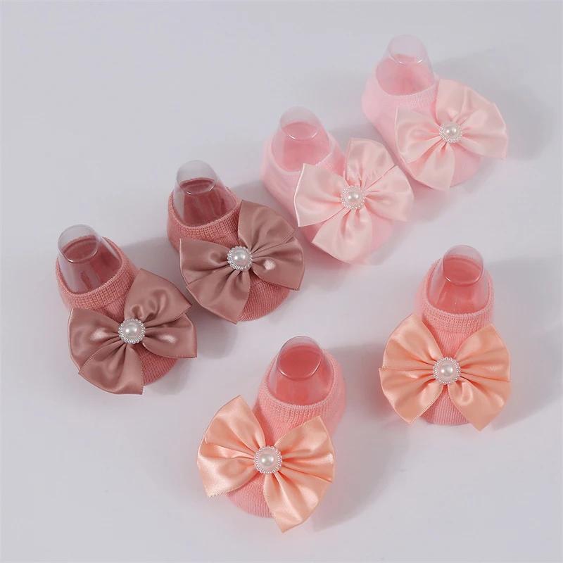 Baby Pearl Bow Solid Color Floor Socks Newborn Infant Knitted Breathable Socks Sweet Cute Girls Princess Children Birthday Gifts