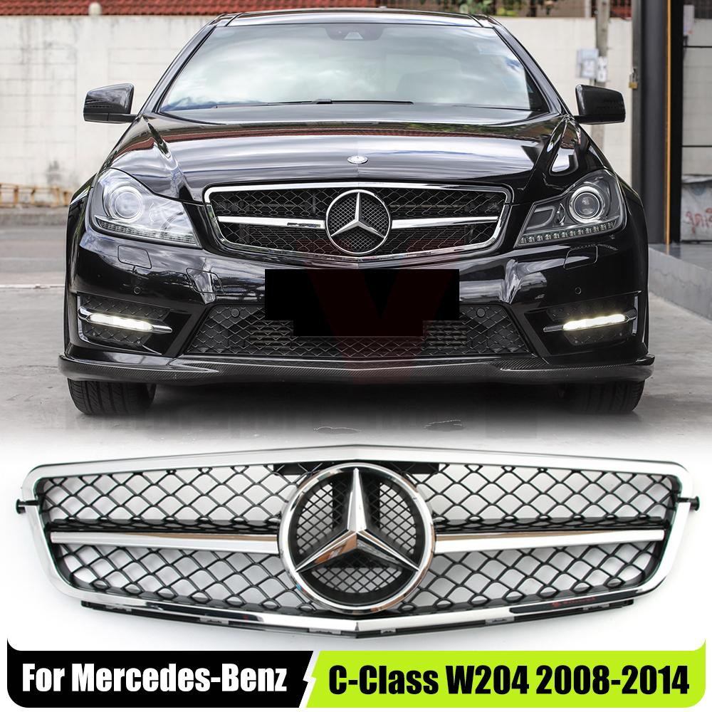 Chrome Black AMG Style Racing Grille With OE Style Emblem Logo For Mercedes Benz C-Class W204 2008-2014 C180 C200 C250 C300 C350 QA1