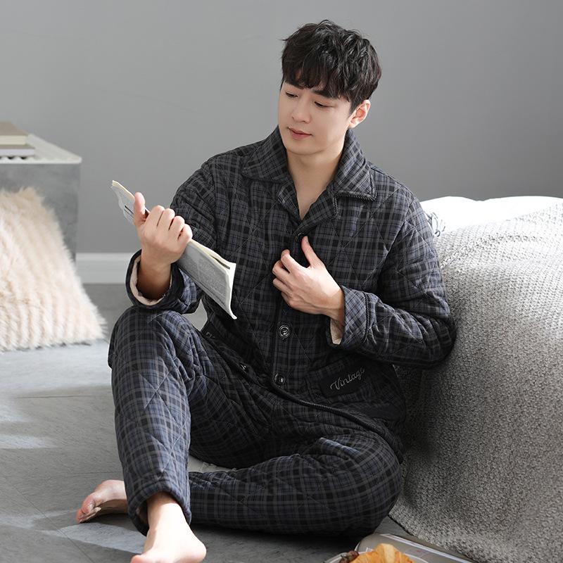 Pyjama d'hiver rembourré en coton épais à trois couches 100 % pur pour homme, veste rembourrée, vêtements d'intérieur chauds pour homme automne et hiver, grande taille