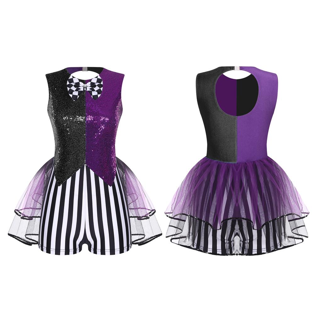 S-3XL Women’s Halloween Jumpsuit: Color Blocking Sequin & Striped Patchwork Checker Bowtie Tiered Tulle Hem Cutout Rompers Mad Costume
