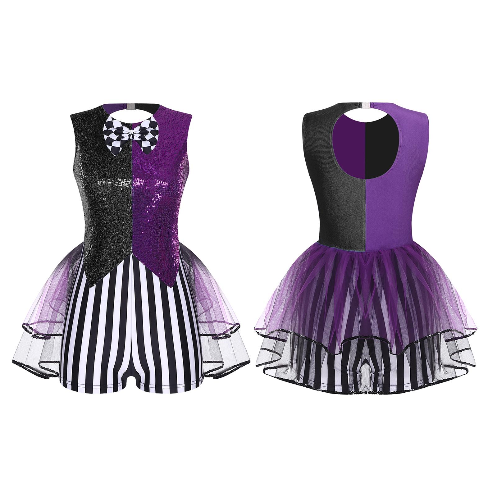 

Women‘s Mad Clown Costume Jumpsuit S-3XL: Sequin Striped Patchwork Checker Bowtie Color Blocking Tiered Tulle Hem Cutout Rompers S фіолетовий