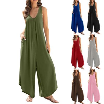 Womens Overall Jumpsuits Summer Sleeveless Ruched V Neck Flared Wide Leg Pants Rompers With Pockets