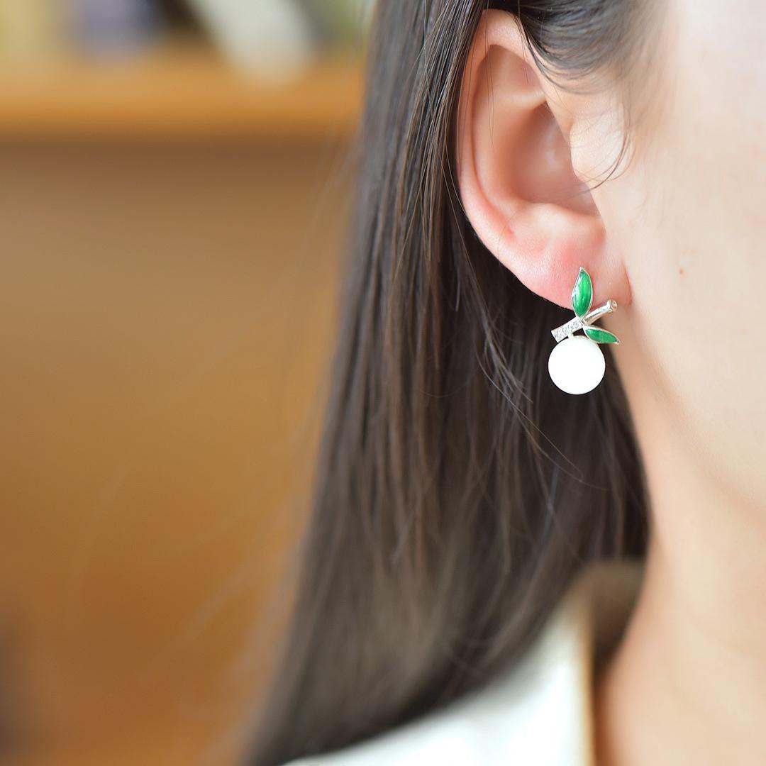 

925 Silver Chinese Style Enamel Bamboo Leaf & Hetian Jade Earrings 925 Silver срібний