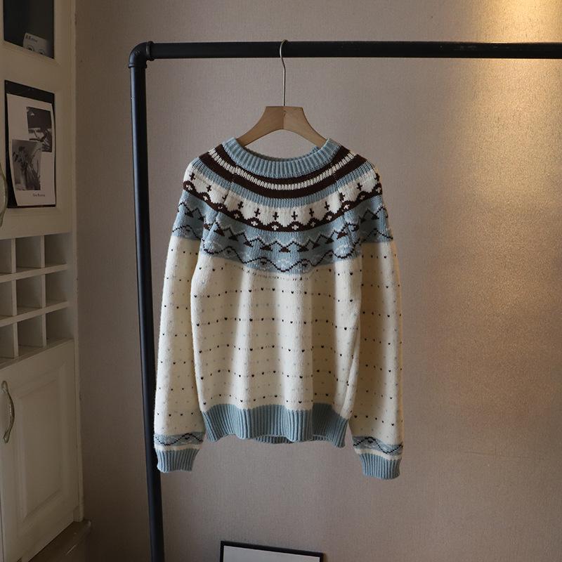 

[Би Чжэн] Зимний корейский пуловер с круглым вырезом в стиле Fair Isle для женщин One Size синий