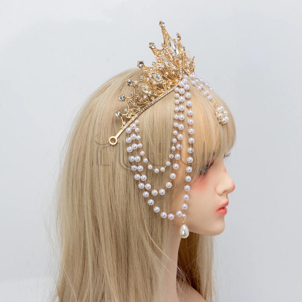 Handmade Lolita Multilayer Pearl Tassels Crown Sun Goddess Virgin Mary Hair Accessory Gorgeous Wedding Princess Bride Headdress