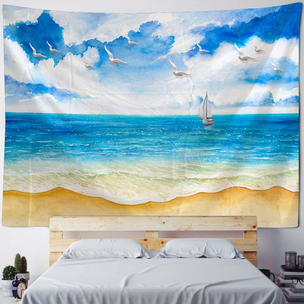 Sea View Oil Painting Tapestry Wall Hanging Living Room Bedroom Office Aesthetic Decoration Mural Home Background Hanging Cloth