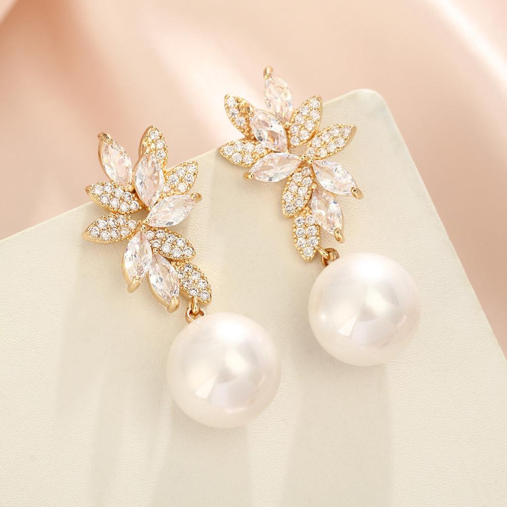 Geometric Pearl Drop Earrings With Cubic Zirconia For Elegant Women