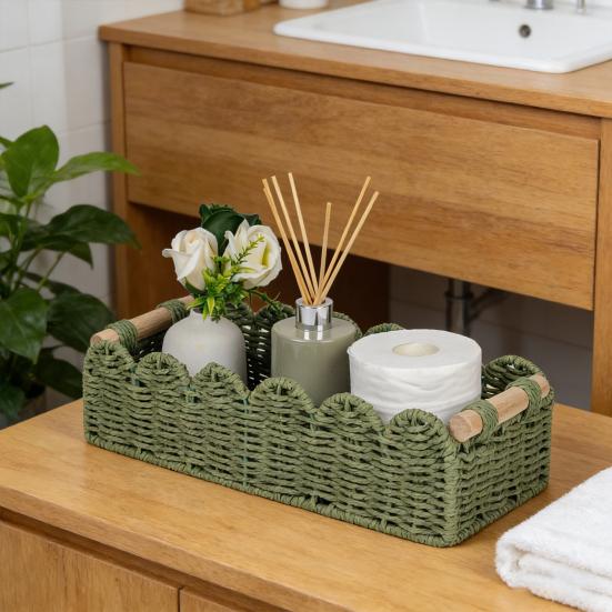 Yousheng Handwoven Storage Basket Handcrafted Scalloped Basket with Wooden Handles Rustic Toilet Paper Storage Basket for Bathroom Bedroom Storage