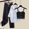 Knitted Suspender Vest Plaid Panel Sunscreen Chiffon Shirt Wide Leg Pants Three-piece Elegant Women Pants Set Summer Outfits
