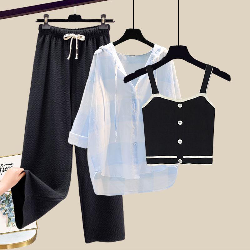 Knitted Suspender Vest Plaid Panel Sunscreen Chiffon Shirt Wide Leg Pants Three-piece Elegant Women Pants Set Summer Outfits