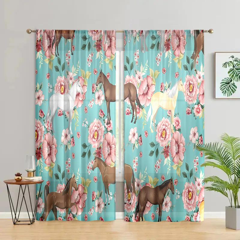 2 pieces, retro elegant floral animal horse curtains -30% blackout - suitable for living room, bedroom, kitchen and home decorat