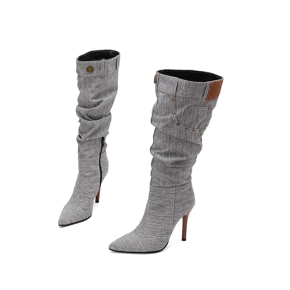 Grey Blue Women Knee High Boots High Stiletto Heel Big Size 50