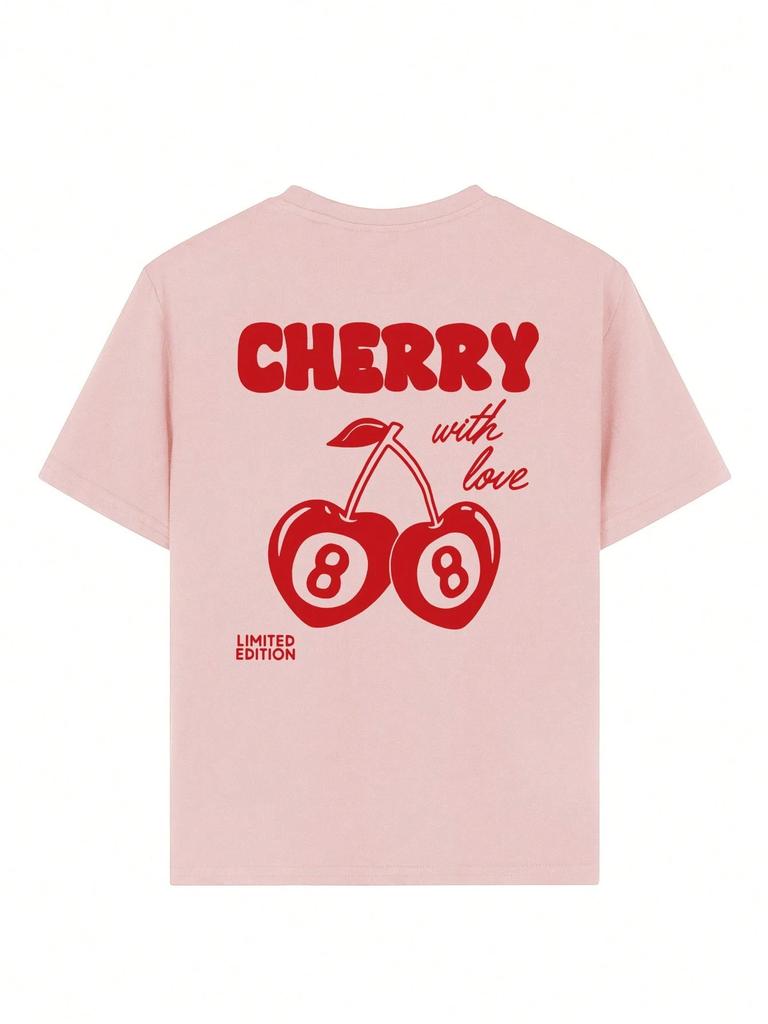 Camiseta Redonda com Estampa de Cereja e Letra 8 para Meninas Verão Casual Combinável Top Respirável de Manga Curta Roupas Estéticas