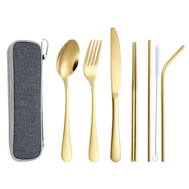 Stainless Steel Knife and Fork Spoon, Cleaning Brush, Chopsticks Set Out for Hotel Home Dinner, Smooth Integrated Forming, 7PCs