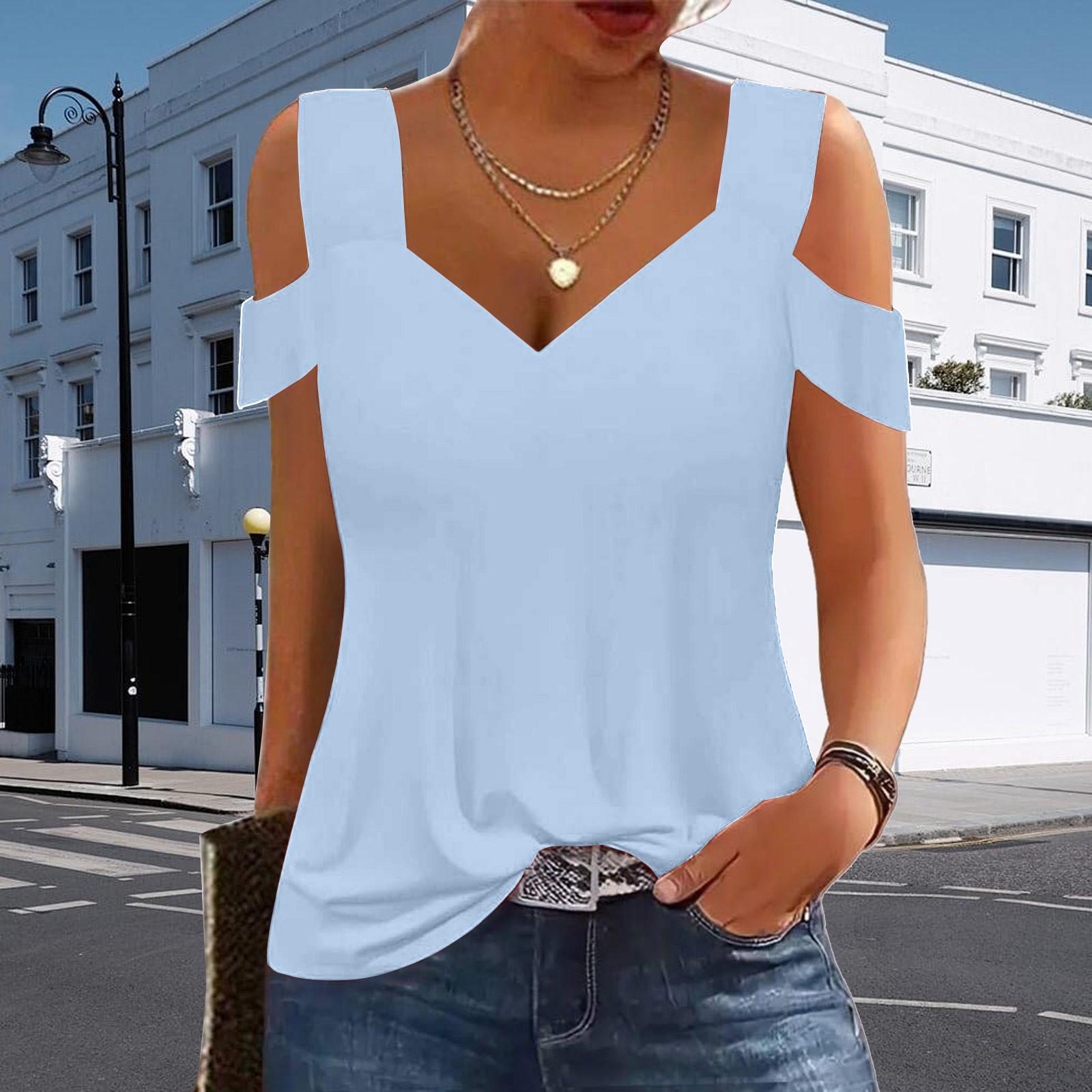 

Летний топ, женский топ с короткими рукавами и открытыми плечами, с v-образным вырезом, свободная базовая футболка, повседневная рубашка, рубашка S