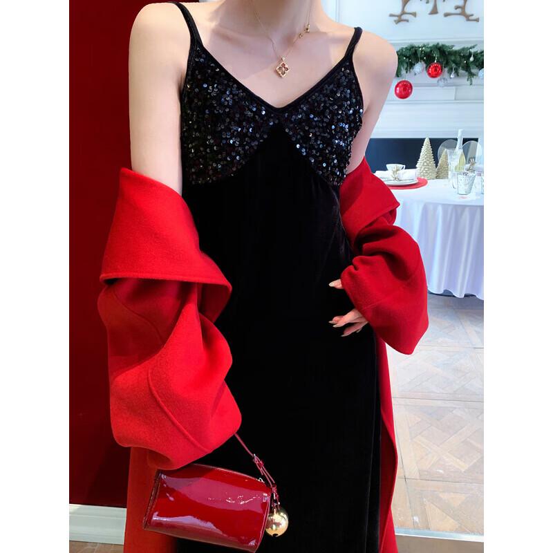 PRASE Sequin Velvet V-Neck Spaghetti Strap Evening Dress 2XL