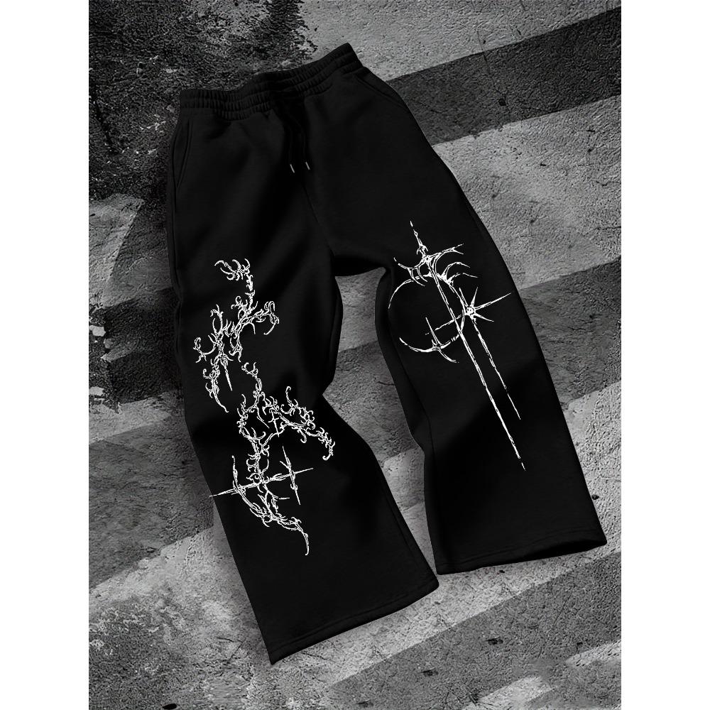 Men s Dark Style Tattoo Totem Print Casual Straight Leg Pants, European and American Fashionable Street Loose Sports Pants Rock Style S