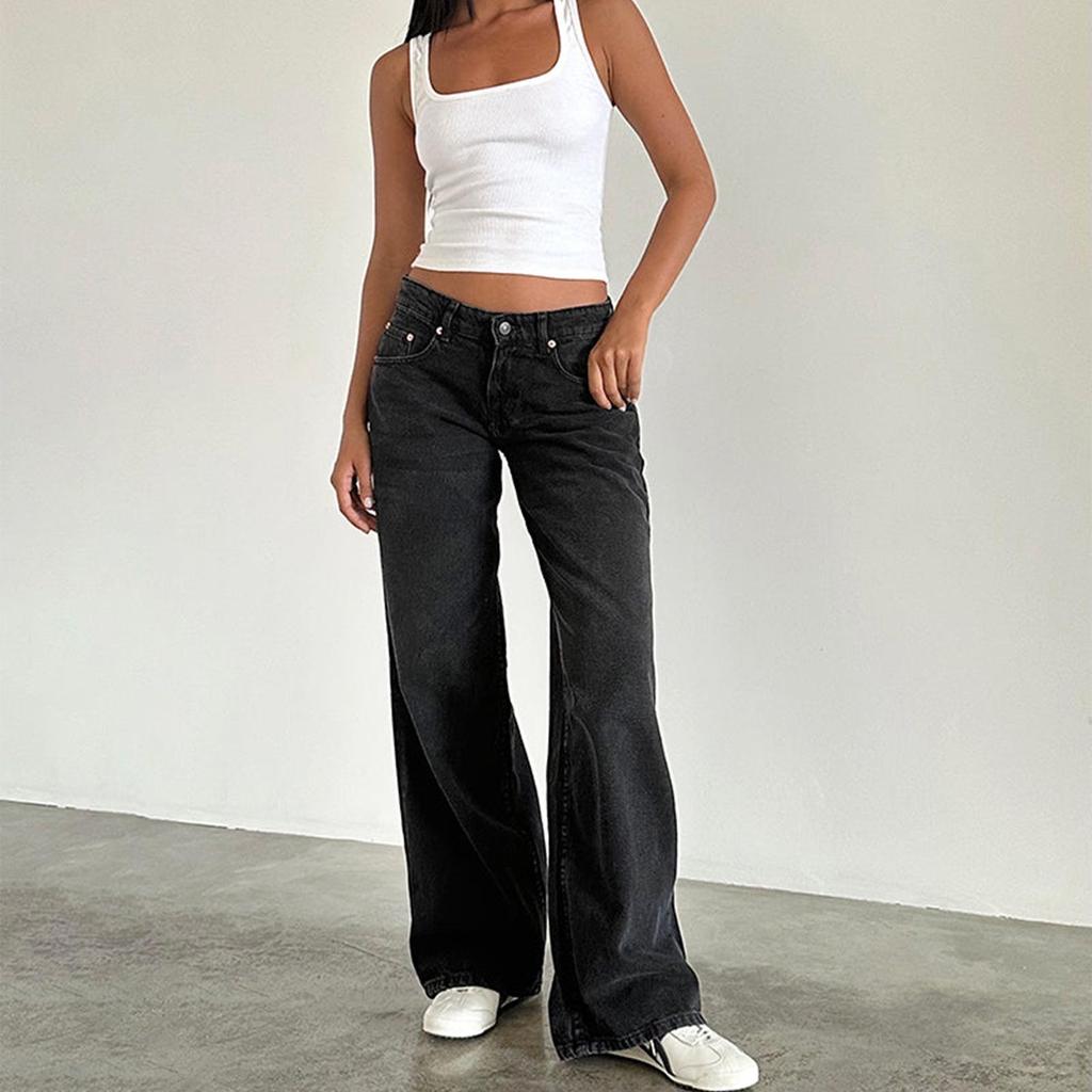 Women's Retro Low Waist Washed Straight Leg Jeans - Wide Leg Autumn Denim Pants