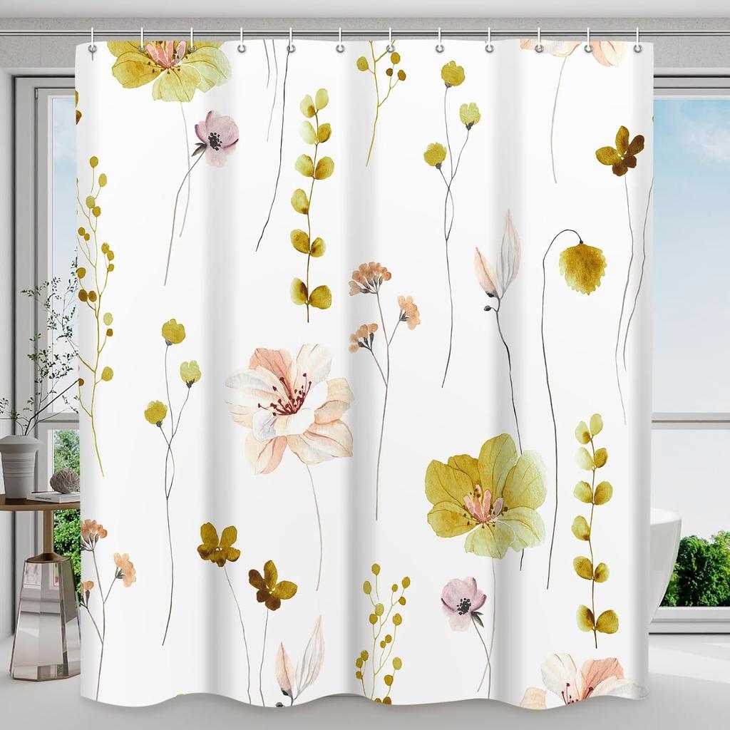 Shower Curtain Watercolor Flower Shower Curtain Sets - Spring Burnt-Orange Floral Plant Shower Curtains for Bathroom