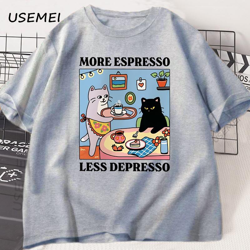 Więcej Espresso Mniej Depresji Czarny Kot Koszulka Unisex Damska Zabawna Kawa Kot Koszulka Casual Letnia Bawełniana Krótki Rękaw Koszulka Top