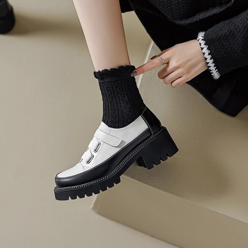 Fashion Spring/Autumn Women Shoes Split Leather Shoes Round Toe Lace Up Platform Shoes Color Mixed Thick Heel Loafers for Women Sneakers