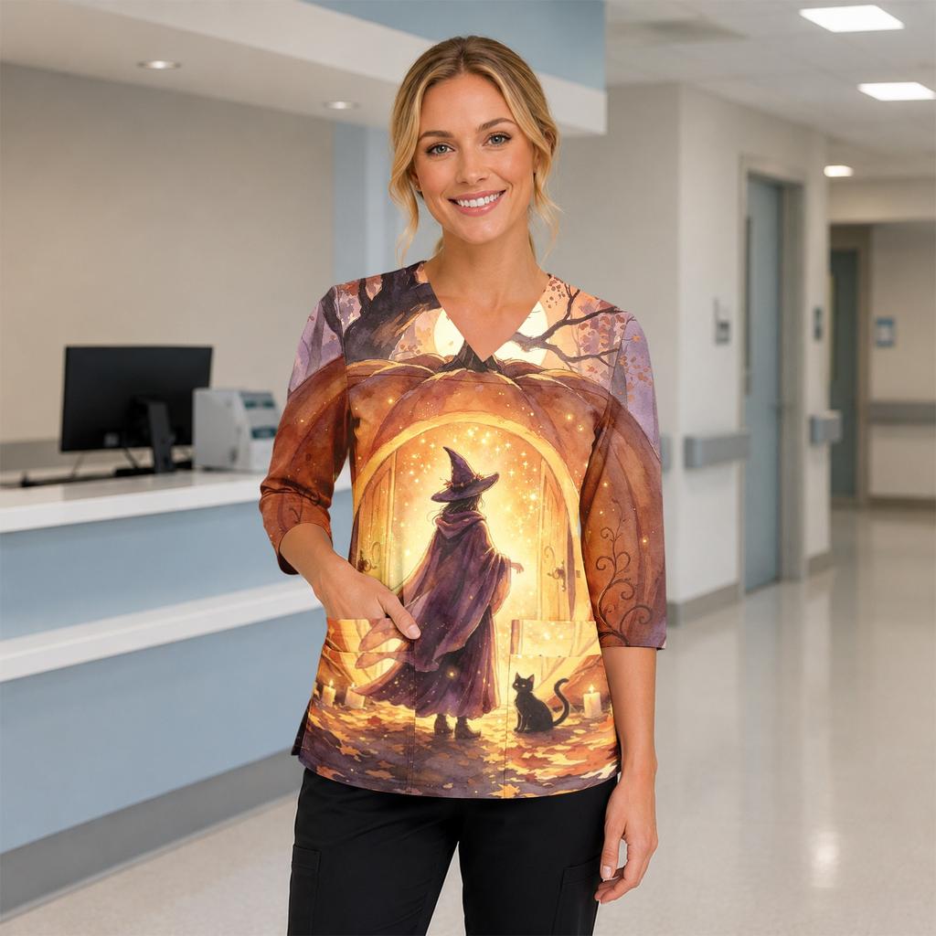Women's Halloween Top V-Neck with Pockets Side Slit 3/4 Sleeve Costume Scrub Shirt