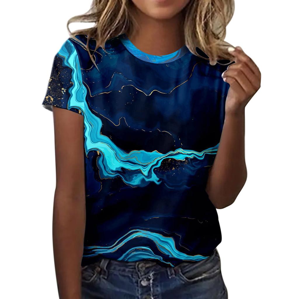 Summer Round Neck 3D Marble Pattern Print Top Fashionable Casual Short Sleeved Women's T-shirts