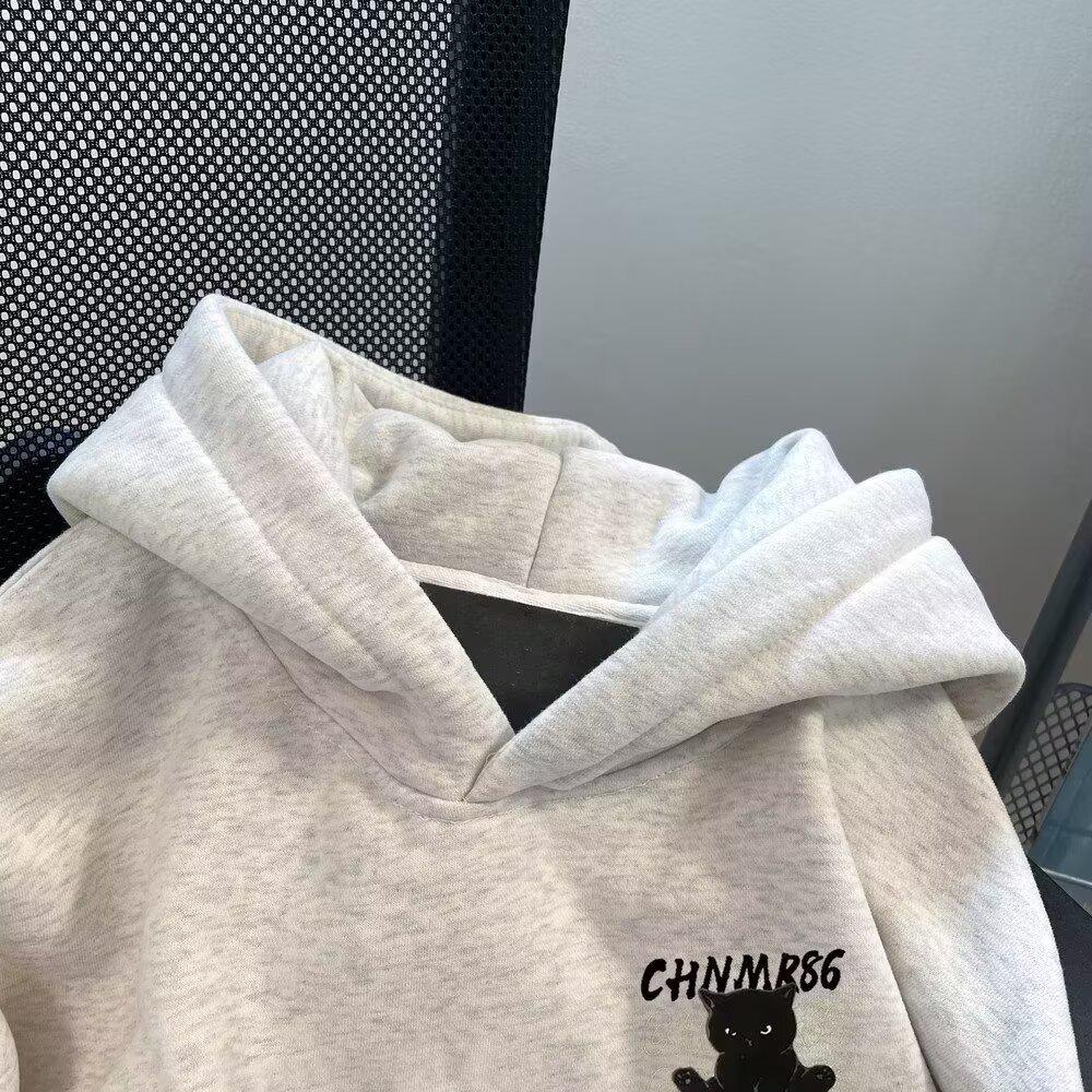 Men's Cat Print Velvet Hoodie - New Style Autumn/Winter Loose Pullover