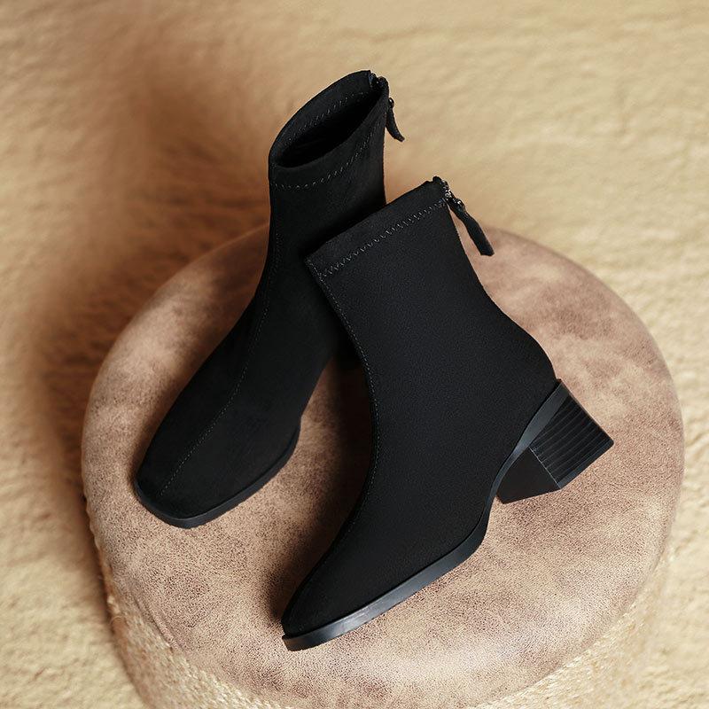 Square head short boots women's spring and autumn single boots 2025 new thick heel medium tube black boots French medium heel thin small short boots