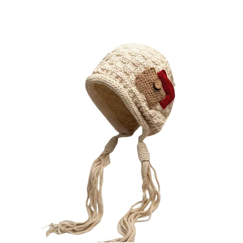 Handmade Red Knitted Beanie with Braid Tassels and Ear Protection