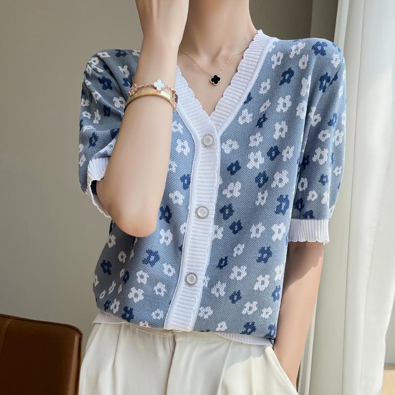 Žakárový kardigan z ledového hedvábí s krátkým rukávem, pletený top s výstřihem do V, letní kontrastní barvy, klimatizovaná košile