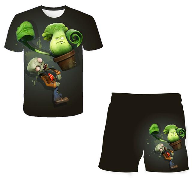 2025 NEW 4-14 Year Old Boys and Girls 3D Plant VS Zombie Printed T-shirts+Shorts Two Piece Sets Fashion Sports T-Shirt Top + Shorts Set 2 Pieces