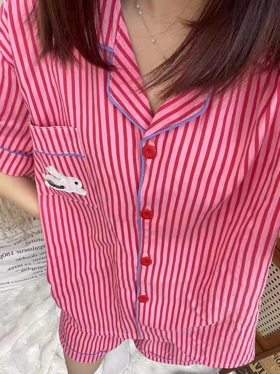

Internet celebrity new red striped pocket bunny pajamas women s short-sleeved shorts cardigan two-piece girl loungewear S