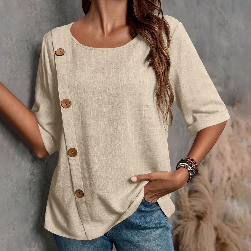 New Women's Cotton And Linen Button,down Casual Top