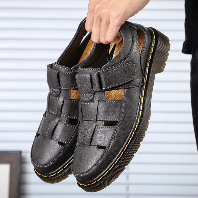 Summer 2025 foreign trade explosion leather men's tooling platform casual sandals bag head Velcro large size men's shoes
