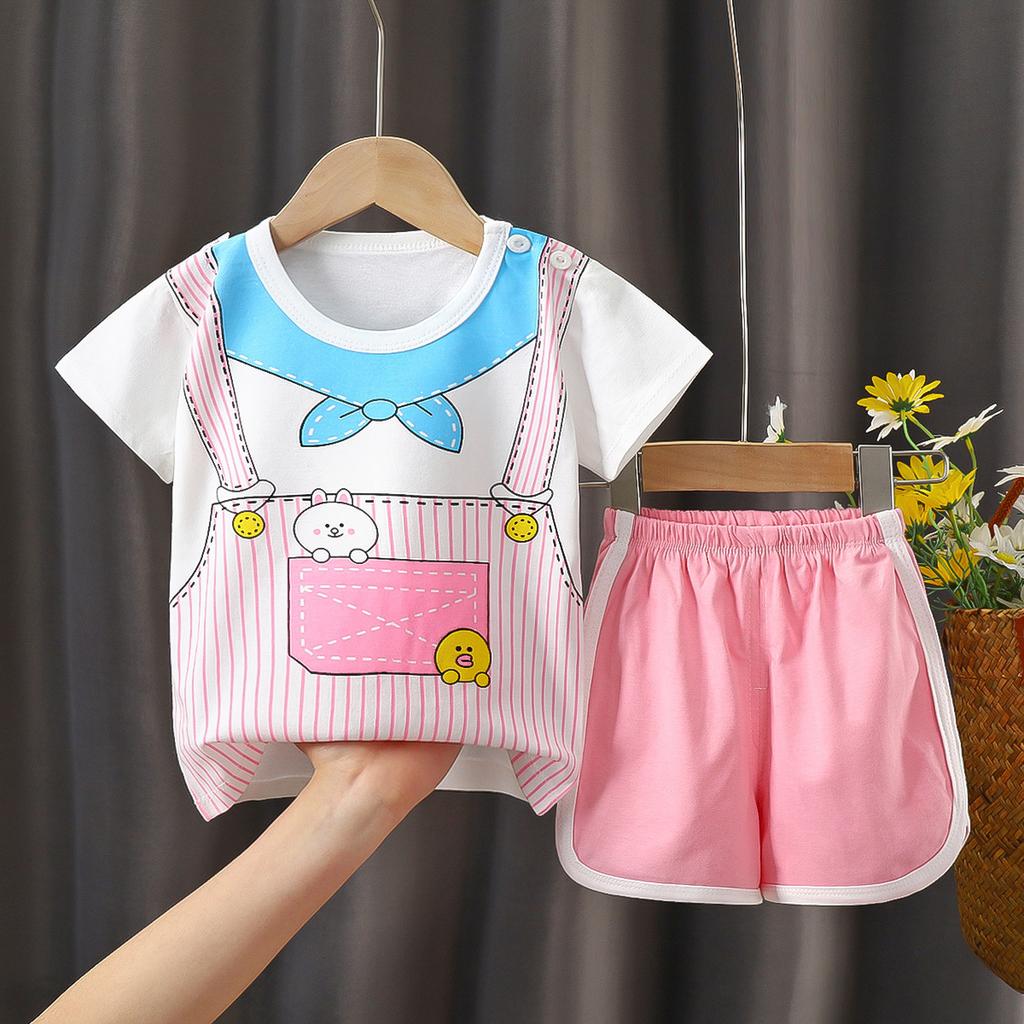 Kids Cotton Short Sleeve 2Pcs Set, Summer Shoulder Snap T-shirt & Shorts for Toddler Boys Girls