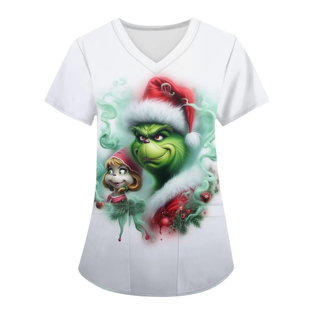Women's Christmas Printing Uniform Work Uniform V-Neck Pocket Protective Work Uniform
