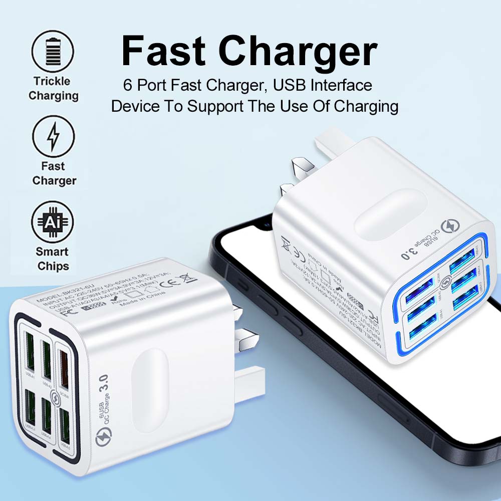 6-Port USB Charger Mobile Phone Fast Charging Wall Adapter for iPhone Xiaomi Samsung Huawei US/UK Plug