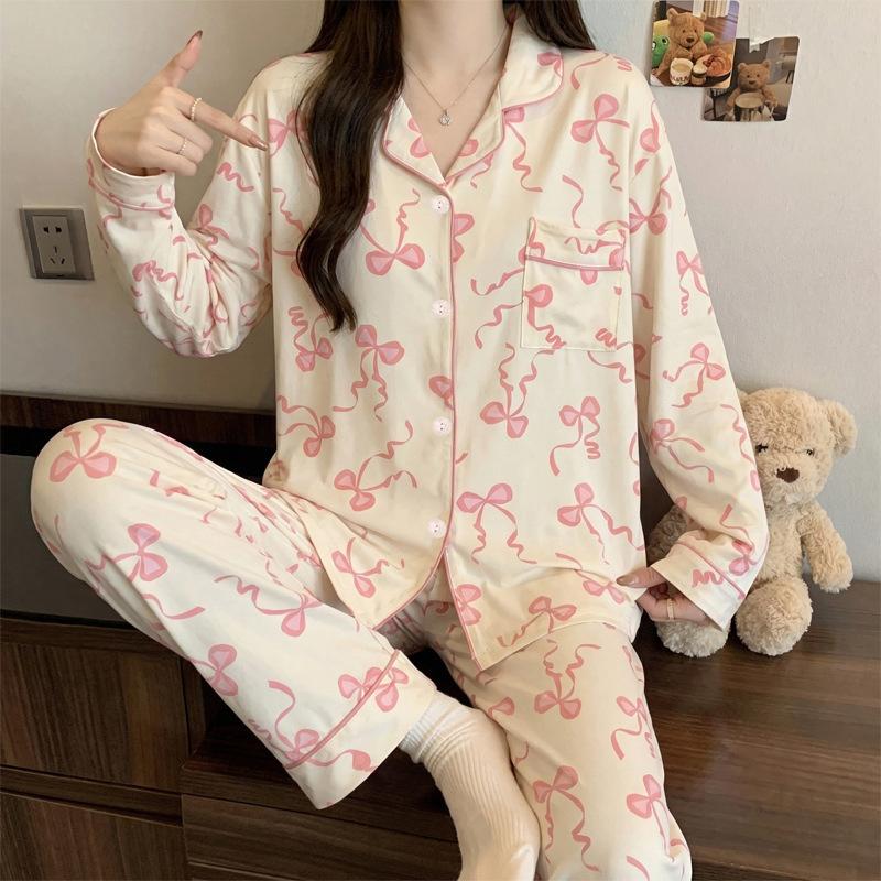 Japanese and Korean style cartoon cute pet pajamas women's autumn new imitation cotton thin loose loungewear long-sleeved two-piece set