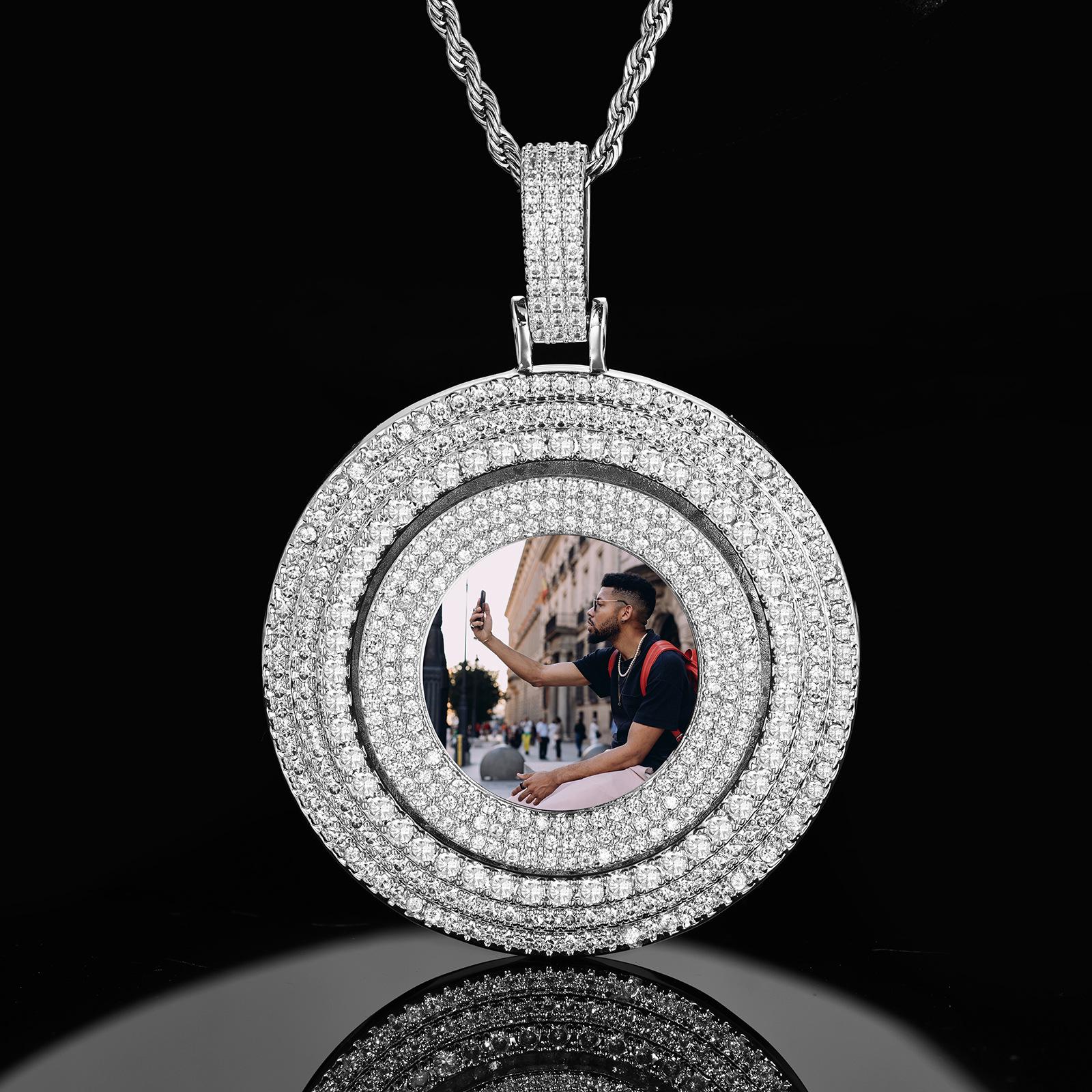 

European & American Style Rotating Photo Pendant Necklace with AAA Zircon Inlay - Customizable Heavy Industry Hip Hop Design