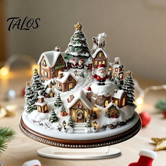 Retro Christmas House Centerpieces Acrylic Table Decoration, Double-sided Winter Snow Village/Candle/Teapot Ornament European Style Ornaments