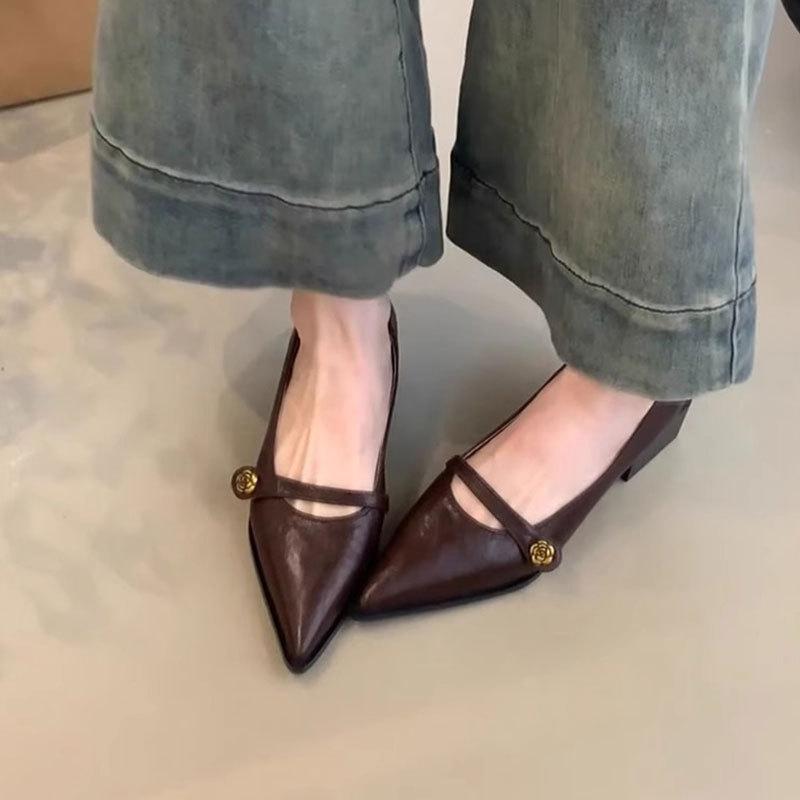 Spring Women's Retro Pointed Toe Women's Mary Jane Shoes Fashion Casual Thick-heeled Shoes