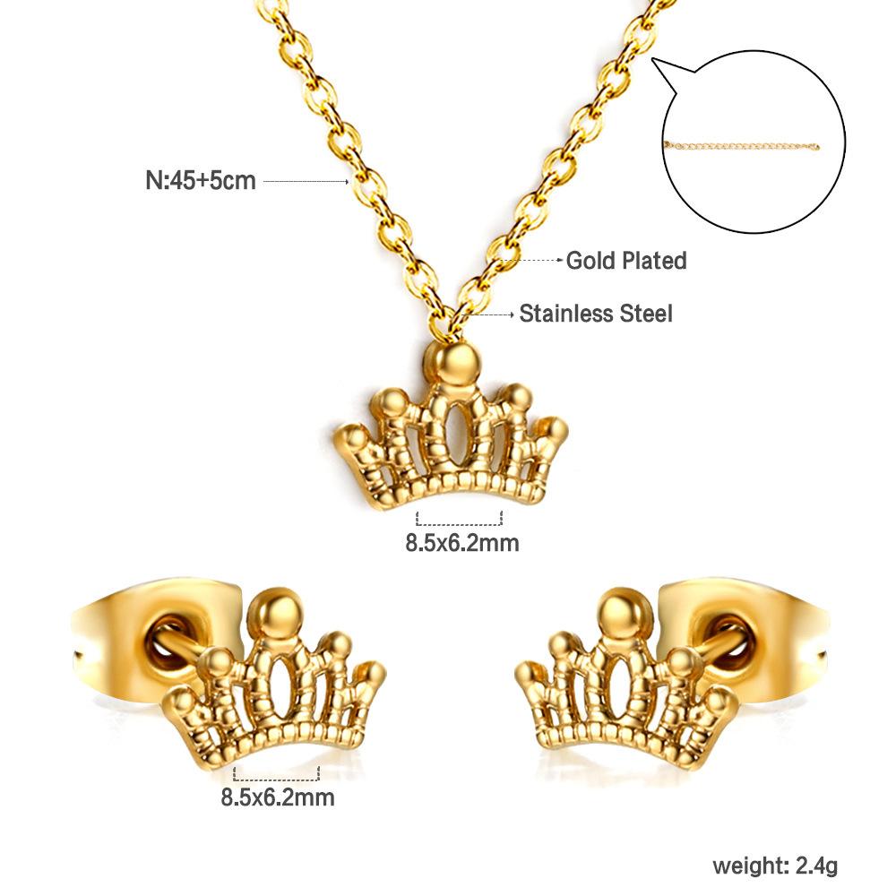 Fashion Versatile Sticky Diamond Jewelry Small Fresh Crown Heart Pendant Necklace Small Earrings Stainless Steel Jewelry Set Women