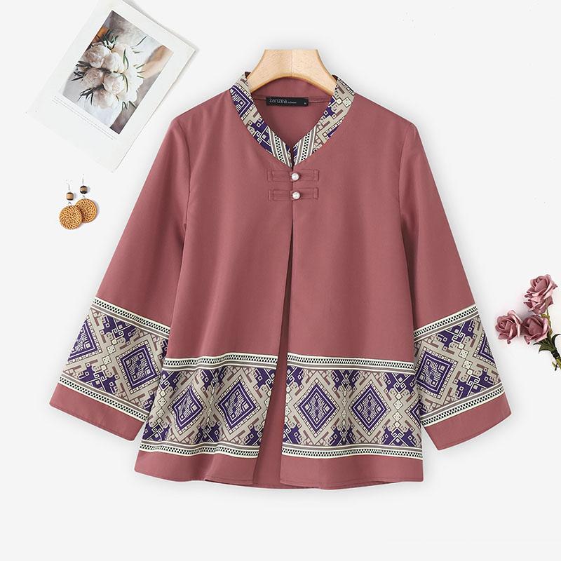 ZANZEA Women Ethnic Print Casual Round Neck Loose Long Sleeve Cardigan Blouse