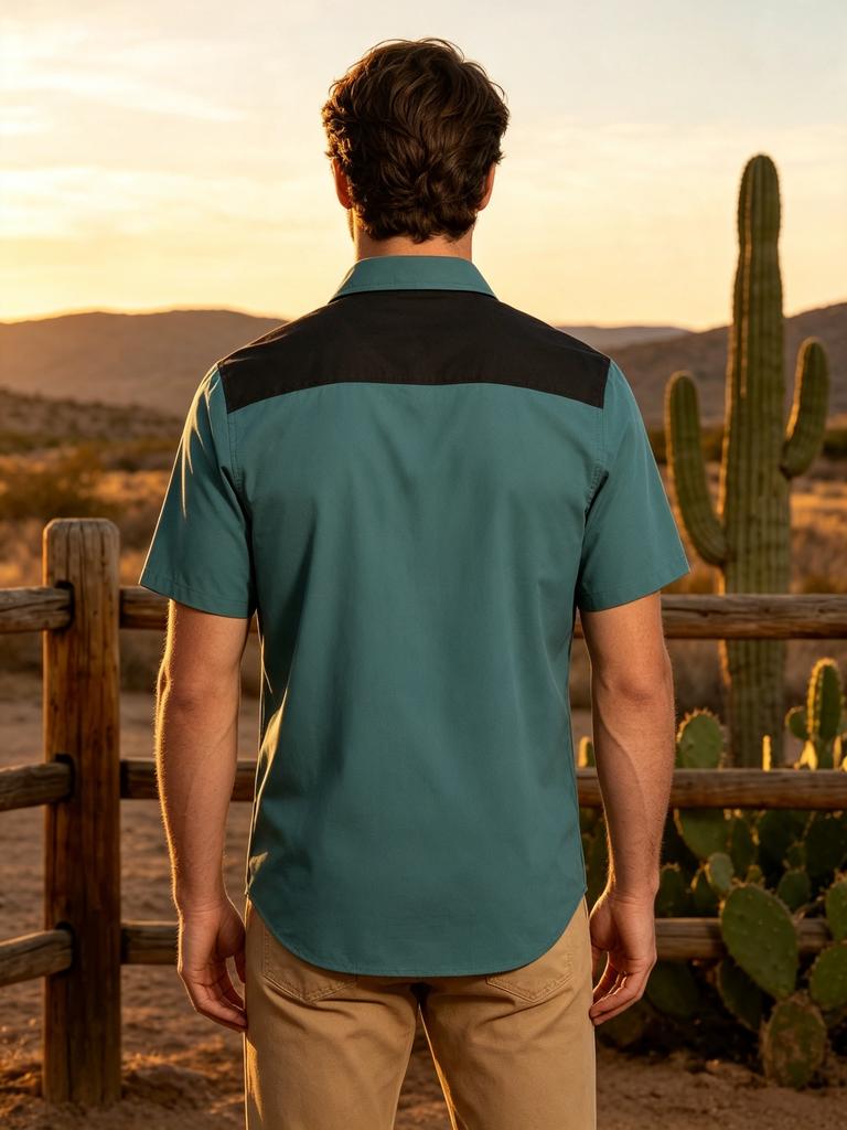 [Print Design - Not Textured] Men'S Retro Western Style Shirt - Men'S Western Style Teal Black Color Block Short Sleeve Lapel Shirt, Parrot Cactus