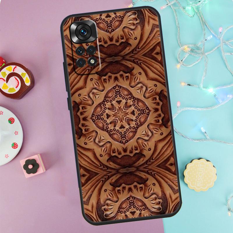 Brown Hand Tooled Western Case For Xiaomi Redmi Note 14 13 12 11 10 9 Pro 9S 10S 11S 12S Redmi 10C 12C 13C 14C Cover